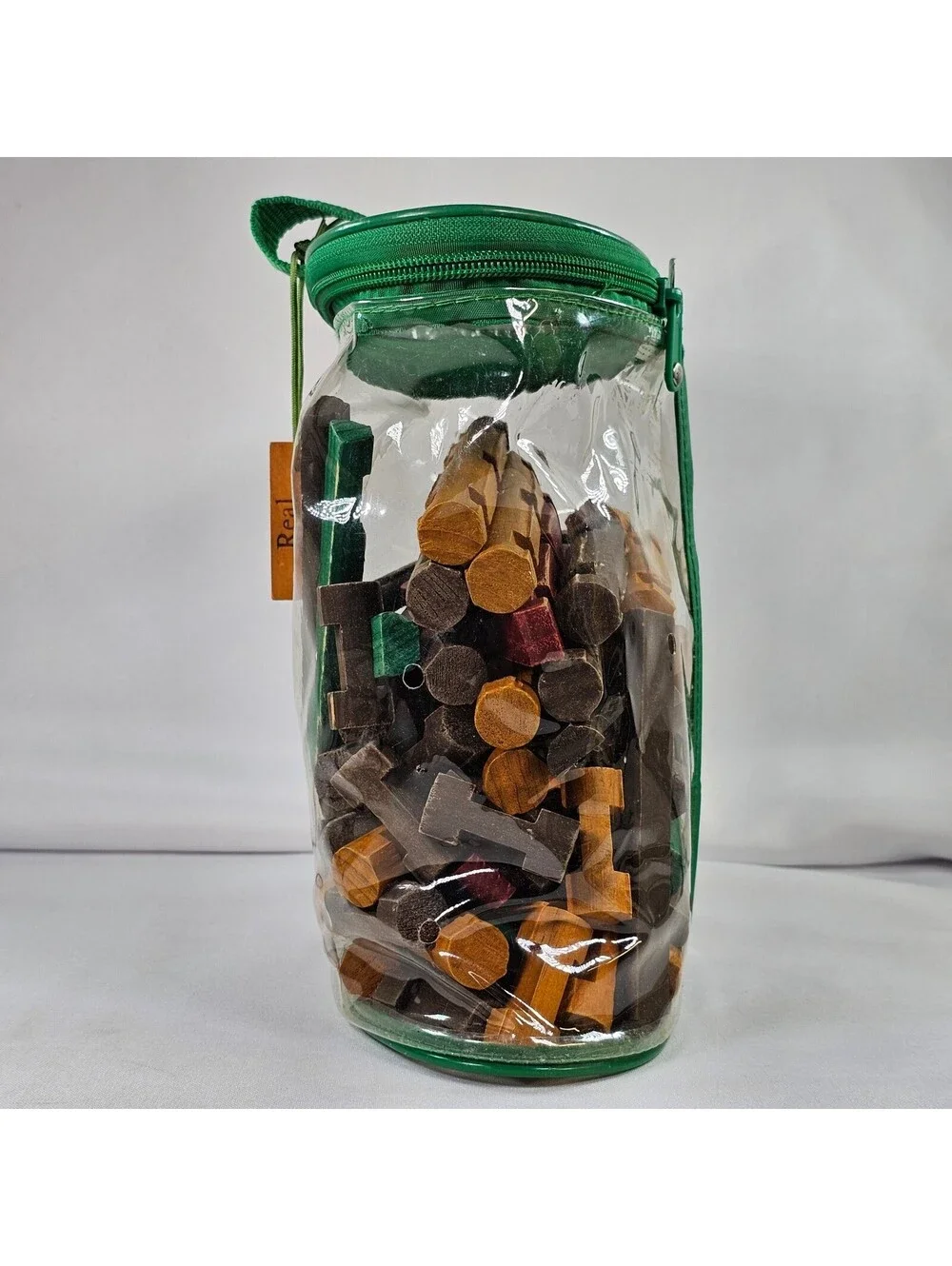 Vintage Lincoln Logs Red Wood Real Wood Building Logs Set in Clear Carrying Bag